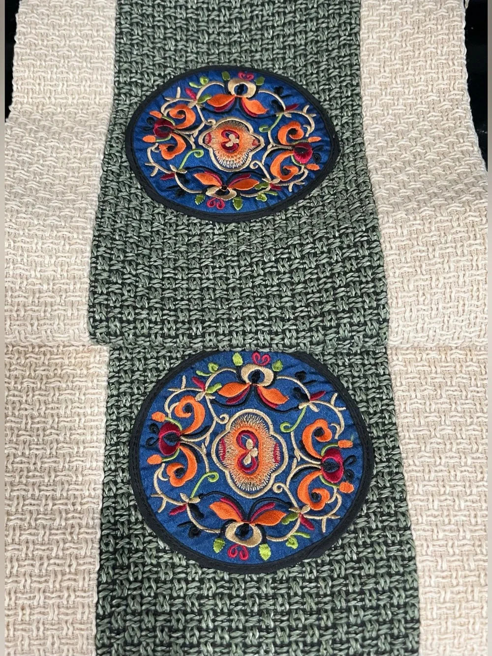 VTG Chinese 6-Ft Silk Embroidered Table Runner Woven Tweed & Solid Linen Back